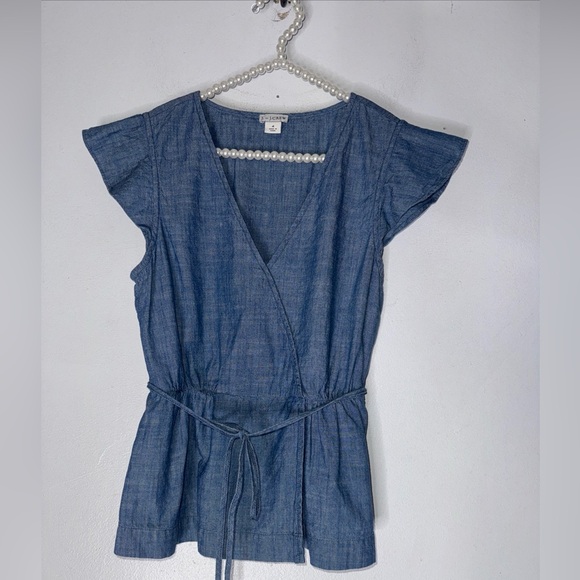 J. Crew Tops - J. Crew Denim-Effect Wrap Tie Blouse in Blue
